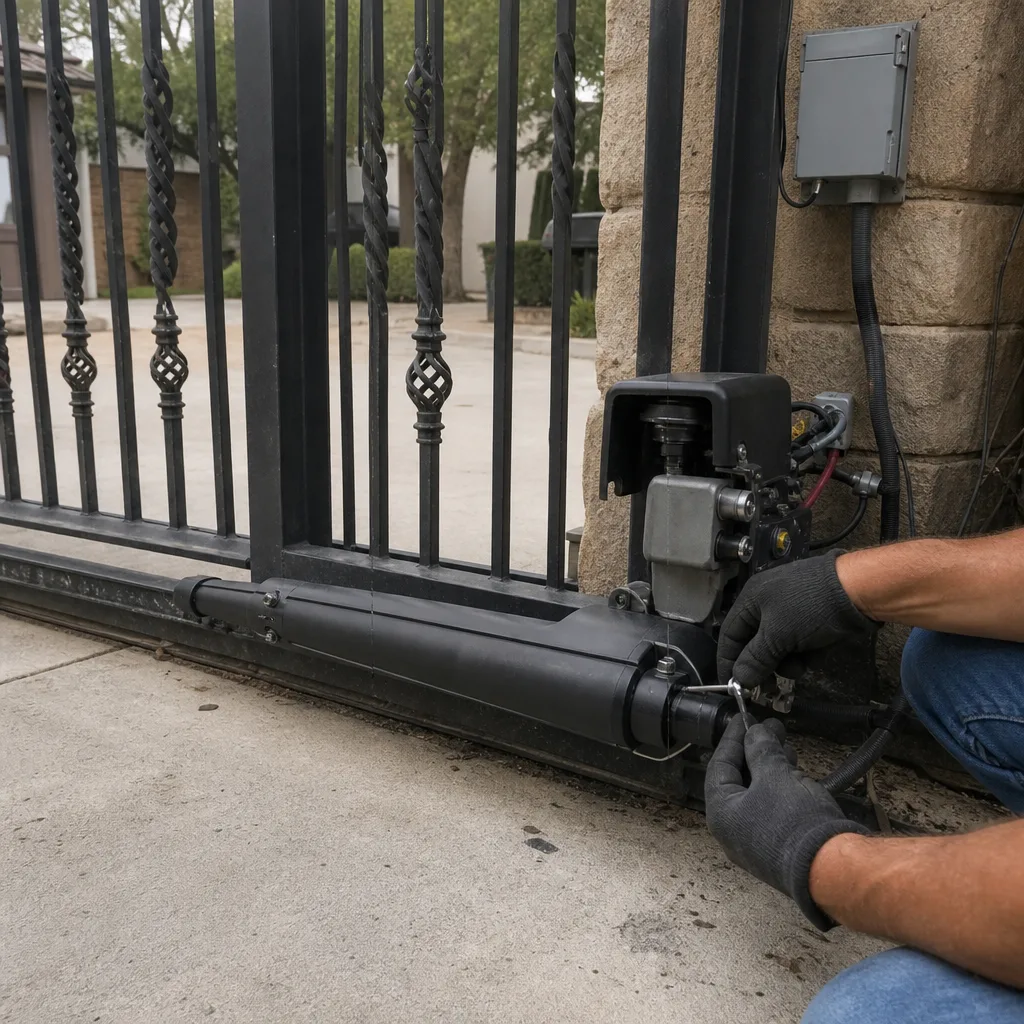 Technician performing professional electric gate motor repair and maintenance
