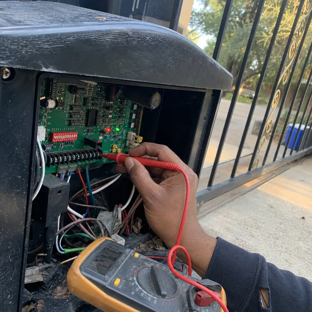 Professional technician performing electric gate repair and maintenance on sliding gate