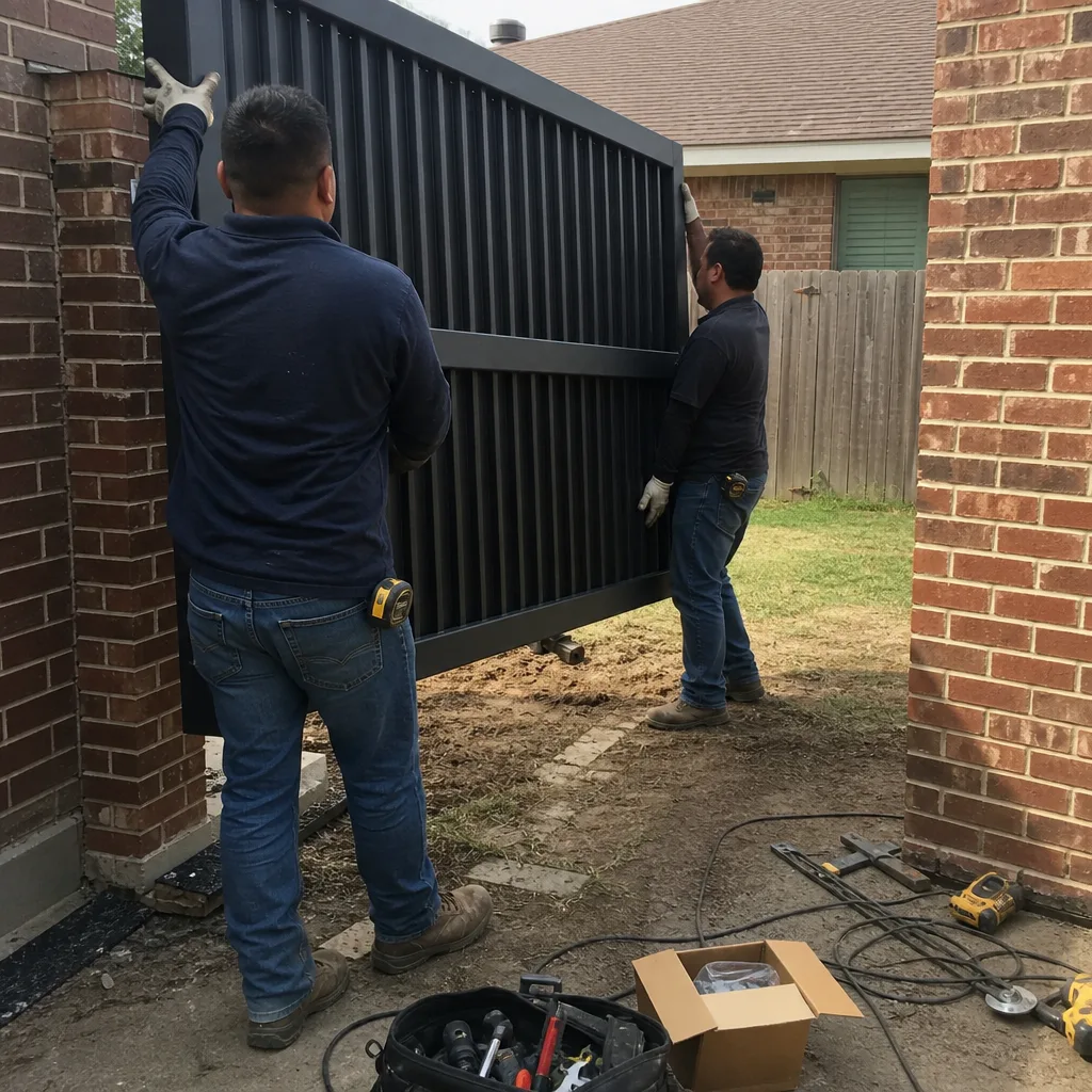 Two professional technicians installing a black wrought iron driveway gate.