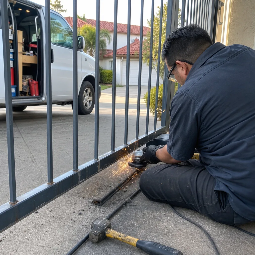 Technician using an angle grinder for professional metal gate repair