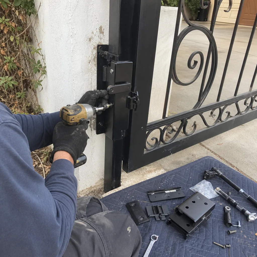 Technician using a power drill to repair a residential metal gate