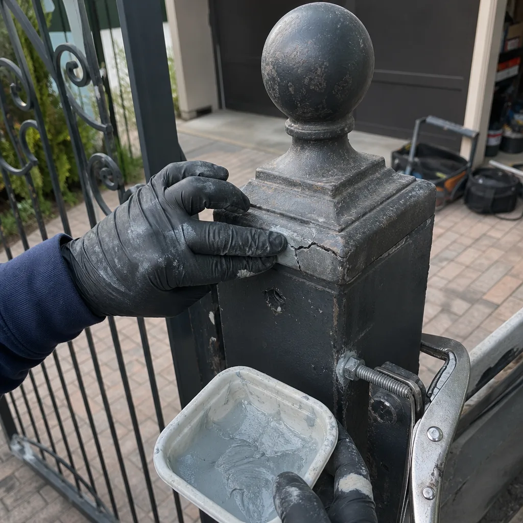 Professional performing gate repair with filler on a metal post